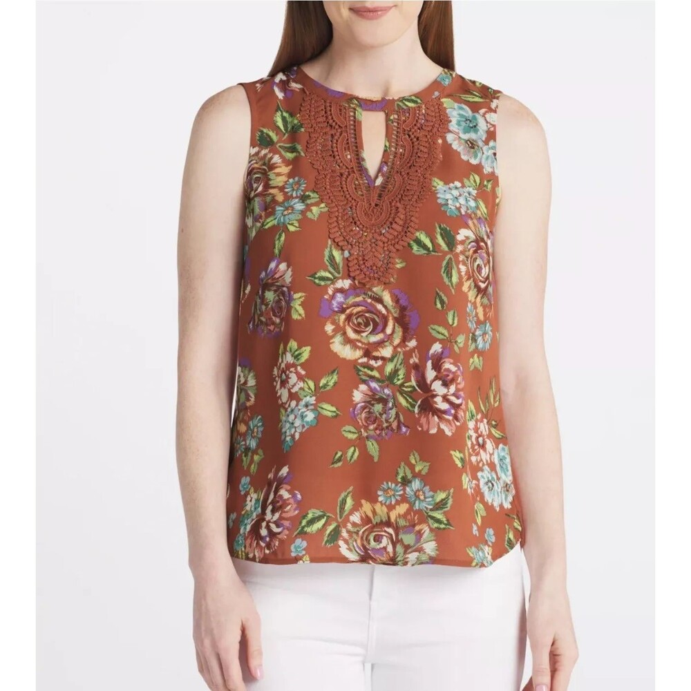 DANIEL RAINN Quin Keyhole Crochet Top M Sleeveless Burnt Orange Layering NWT B72